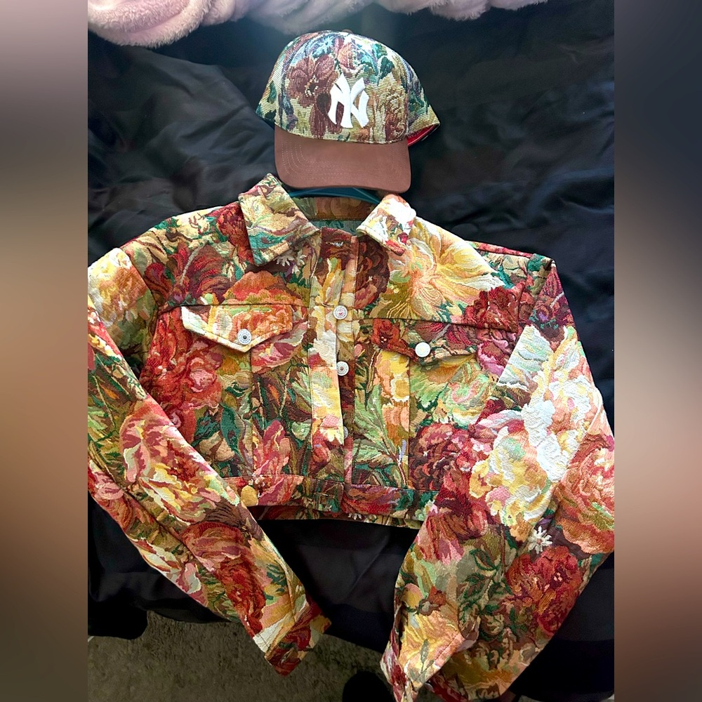 Floral Cropped Jacket and Cap Set